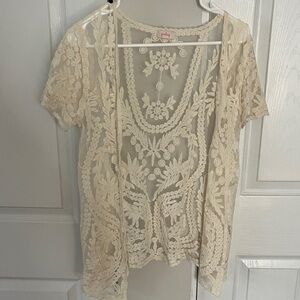 Pixley Floral Embroidered Lace Sheer Open Shortsleeved Kimono- Cream
